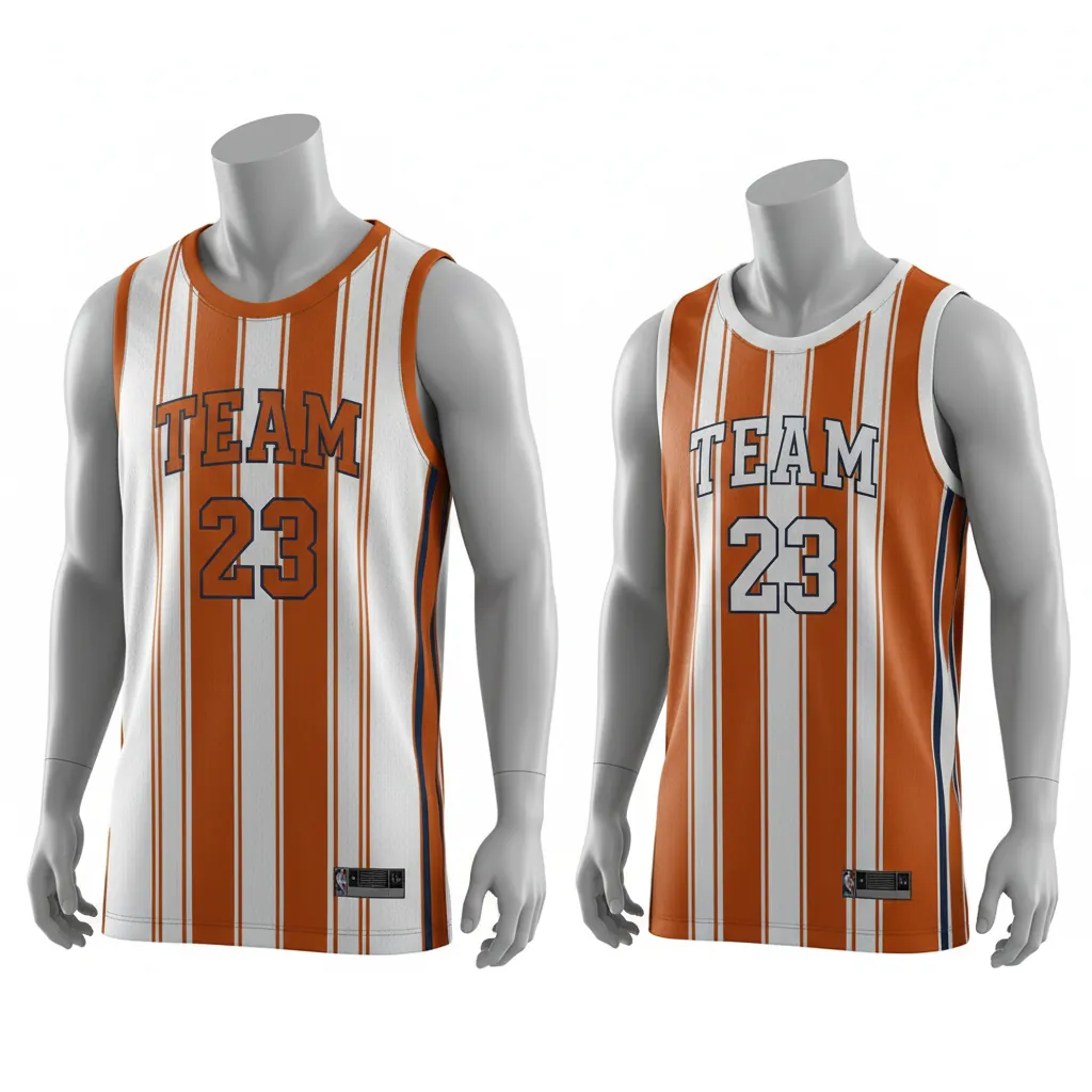 Custom Basketball Round Neck Reversible Jersey - White, Burnt, Orange... - Roundneck Vertical Stripes - Front View - Kinexa Sportswear