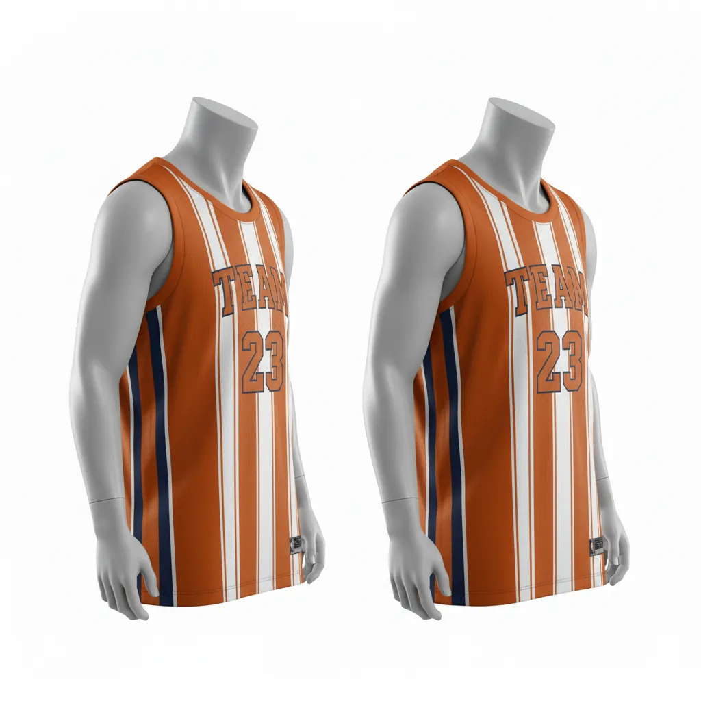 Custom Basketball Round Neck Reversible Jersey - White, Burnt, Orange... - Roundneck Vertical Stripes - Side View - Kinexa Sportswear