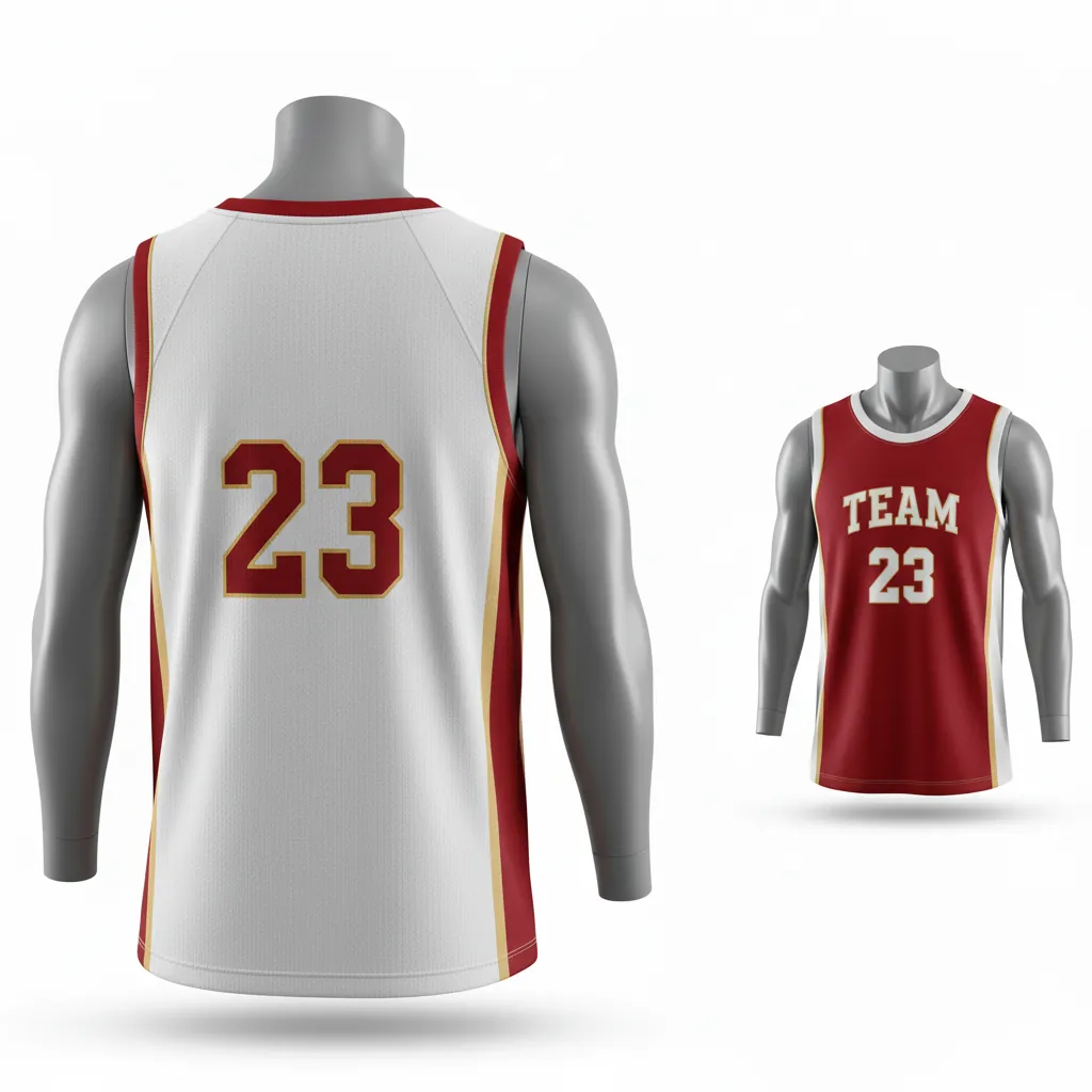 Custom Basketball Round Neck Reversible Jersey - White, Red, Gold - Roundneck Cardinal Side Panel Block - Back View - Kinexa Sportswear
