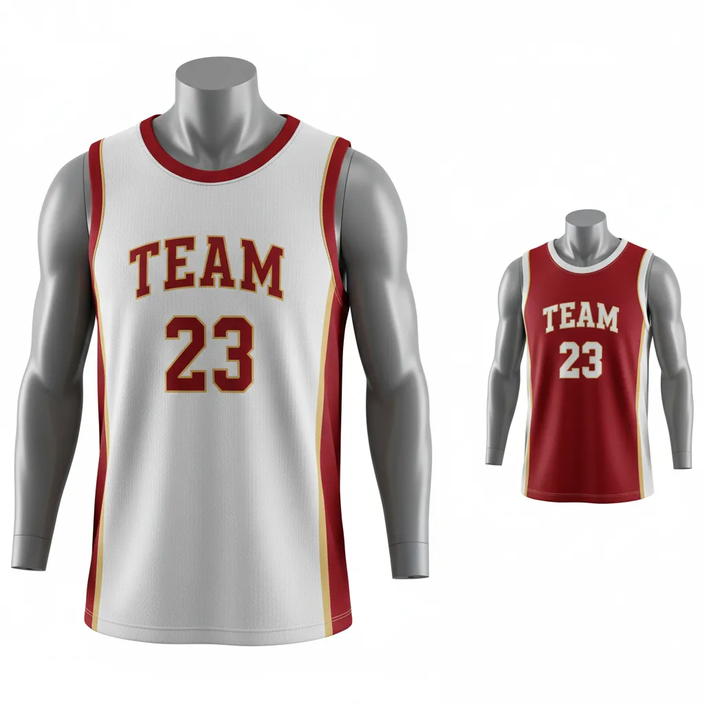 Custom Basketball Round Neck Reversible Jersey - White, Red, Gold - Roundneck Cardinal Side Panel Block - Front View - Kinexa Sportswear