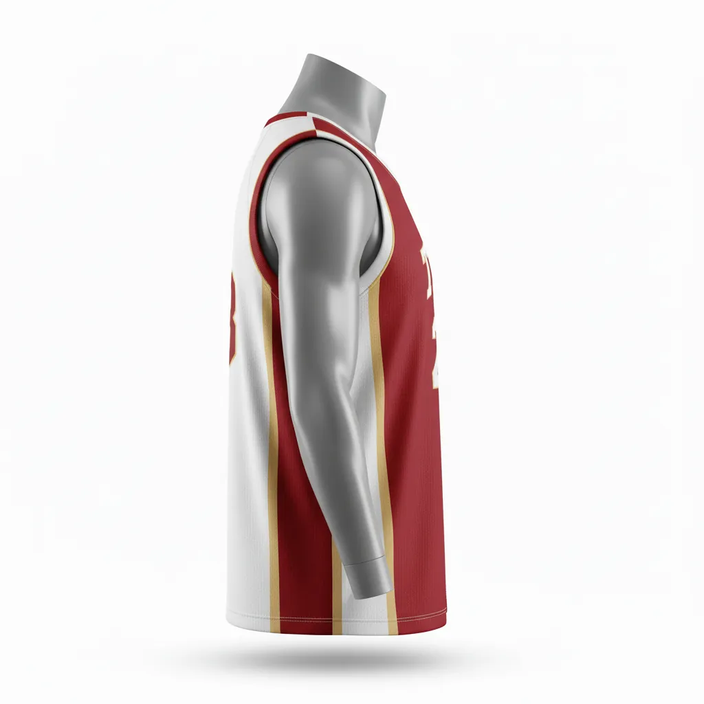 Custom Basketball Round Neck Reversible Jersey - White, Red, Gold - Roundneck Cardinal Side Panel Block - Side View - Kinexa Sportswear