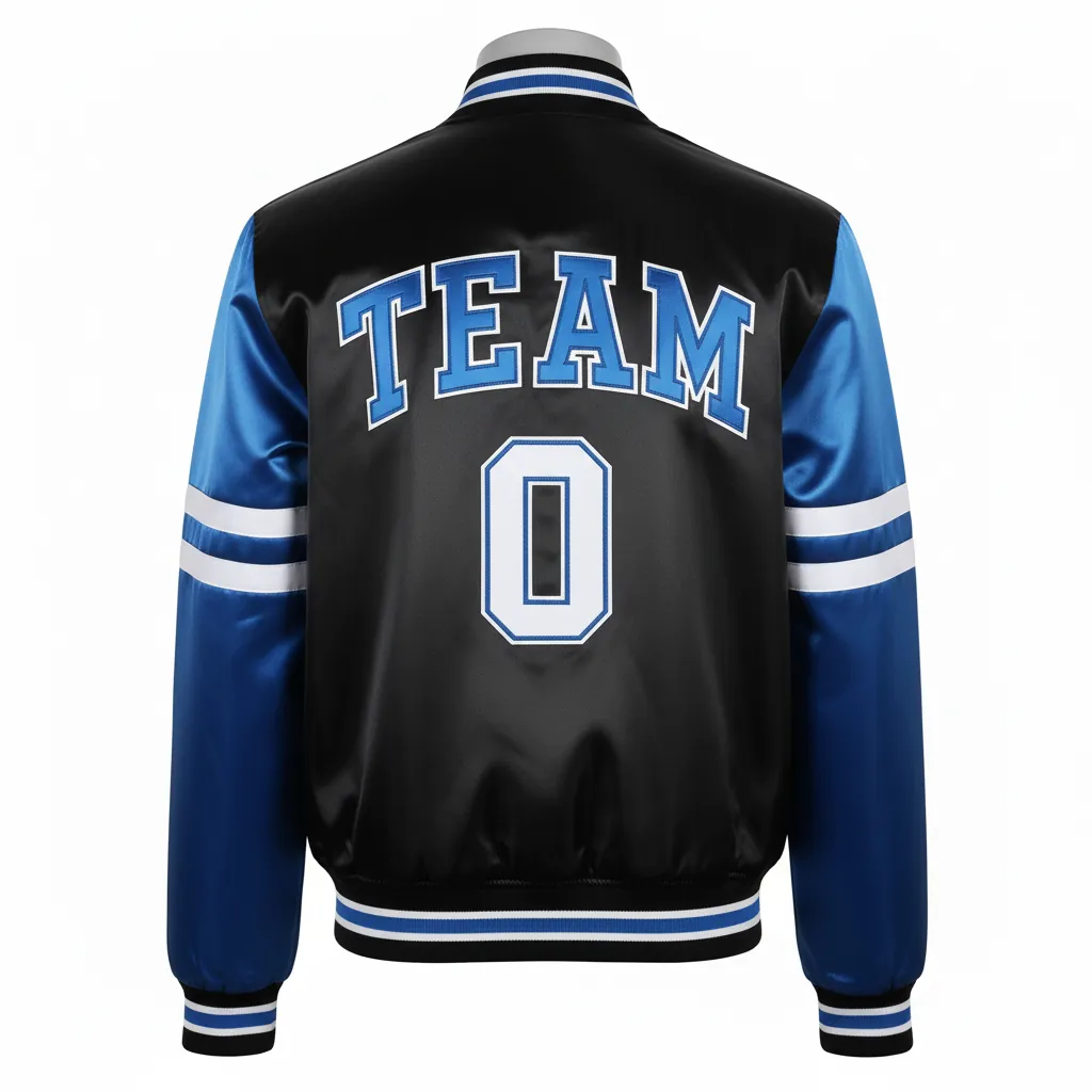 Custom Basketball Satin Bomber Jacket - Black, Blue - Varsity Columbia Tackle Twill - Back View - Kinexa Sportswear