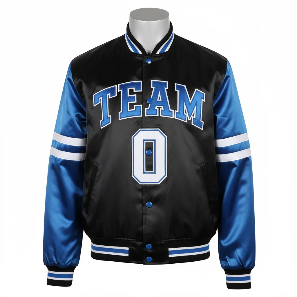 Custom Basketball Satin Bomber Jacket - Black, Blue - Varsity Columbia Tackle Twill - Front View - Kinexa Sportswear