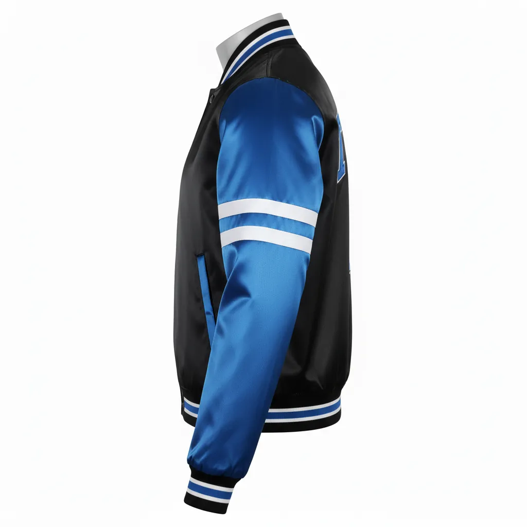 Custom Basketball Satin Bomber Jacket - Black, Blue - Varsity Columbia Tackle Twill - Side View - Kinexa Sportswear