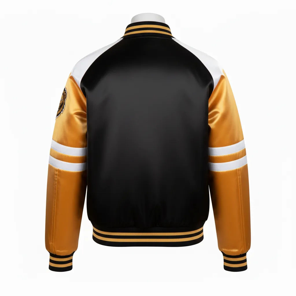 Custom Basketball Satin Bomber Jacket - Black, Gold - Varsity Embroidered Premium - Back View - Kinexa Sportswear
