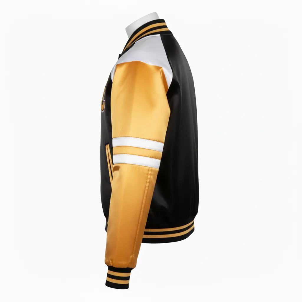 Custom Basketball Satin Bomber Jacket - Black, Gold - Varsity Embroidered Premium - Side View - Kinexa Sportswear