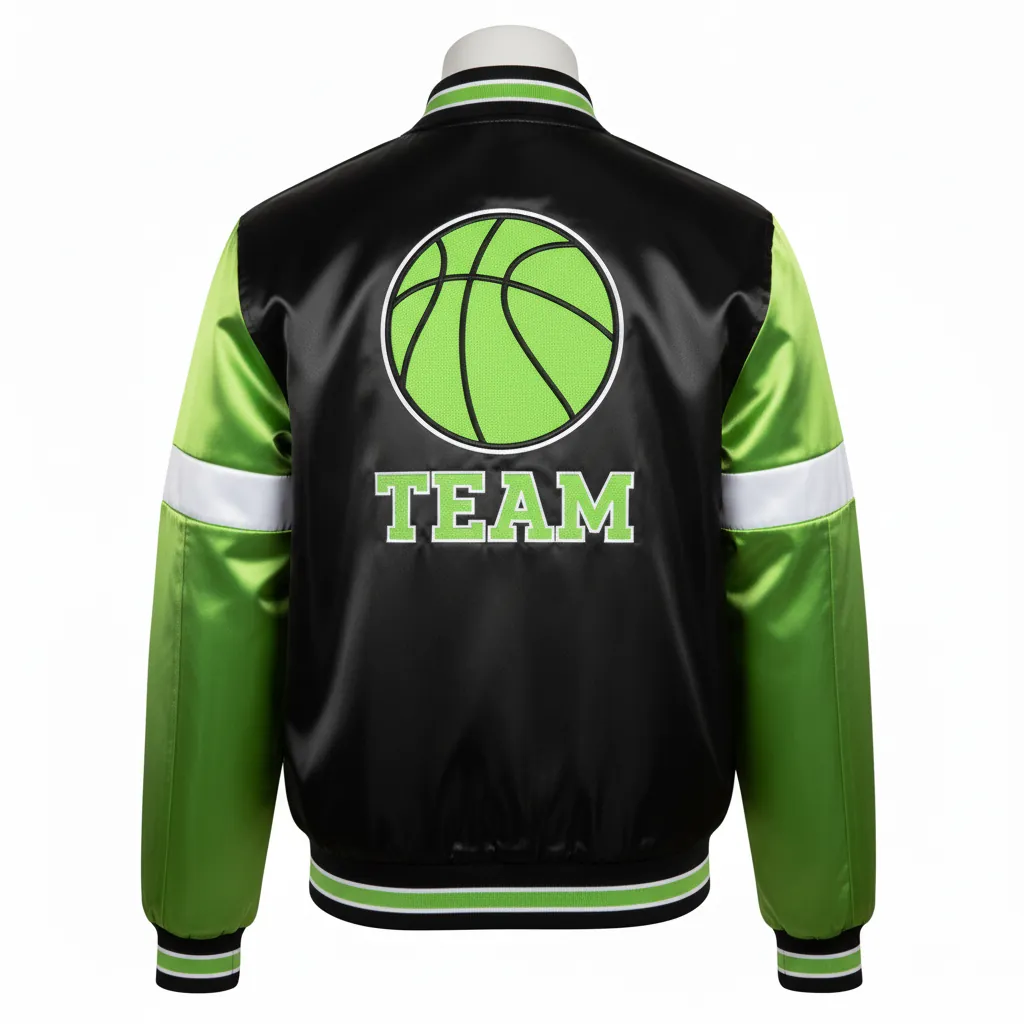 Custom Basketball Satin Bomber Jacket - Black, Green - Varsity Lime Embroidered Logo - Back View - Kinexa Sportswear