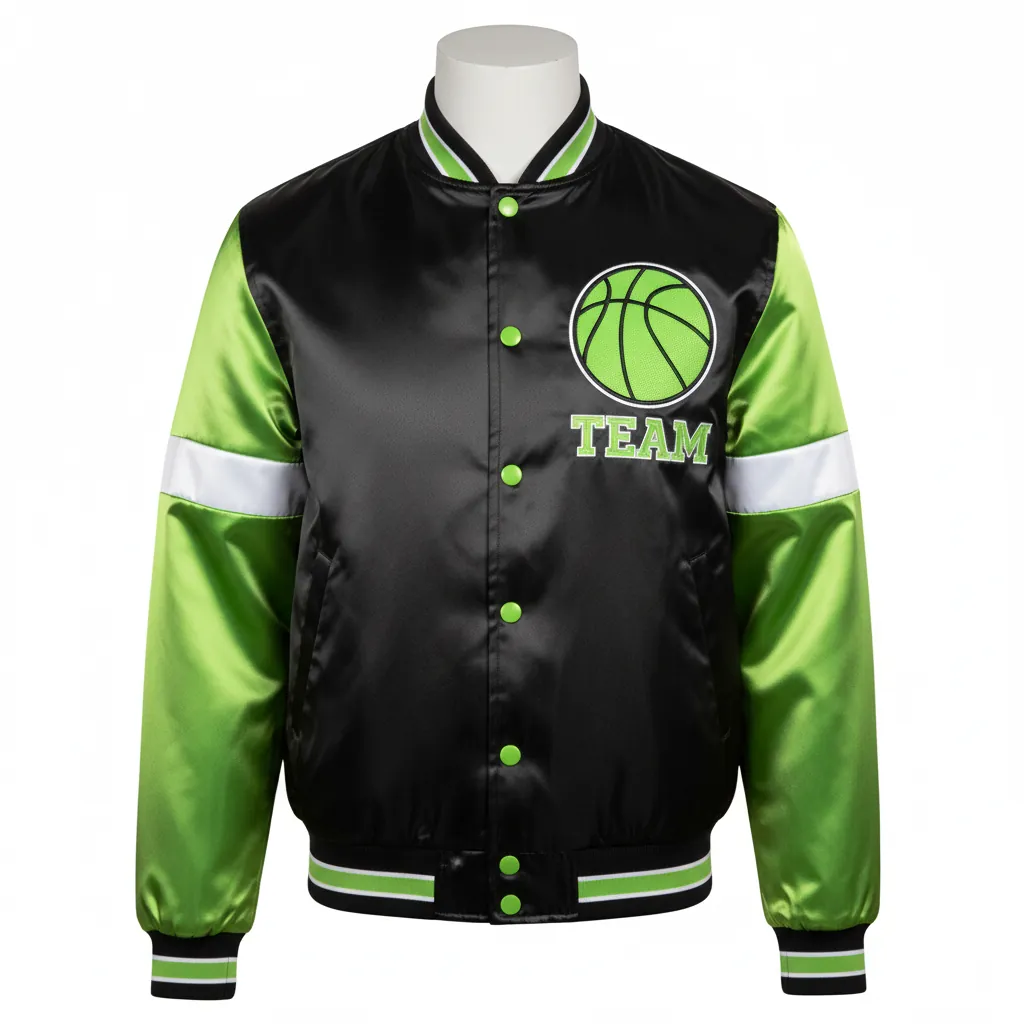 Custom Basketball Satin Bomber Jacket - Black, Green - Varsity Lime Embroidered Logo - Front View - Kinexa Sportswear