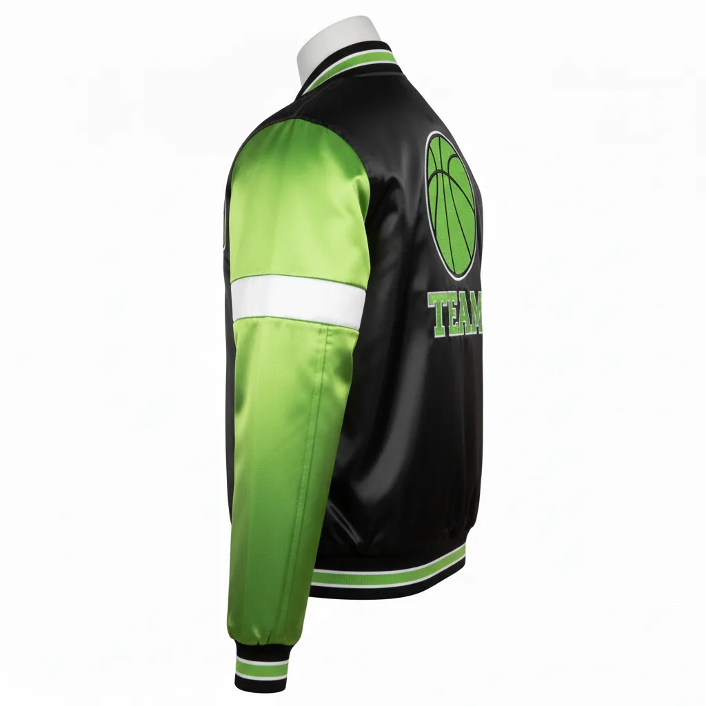 Custom Basketball Satin Bomber Jacket - Black, Green - Varsity Lime Embroidered Logo - Side View - Kinexa Sportswear