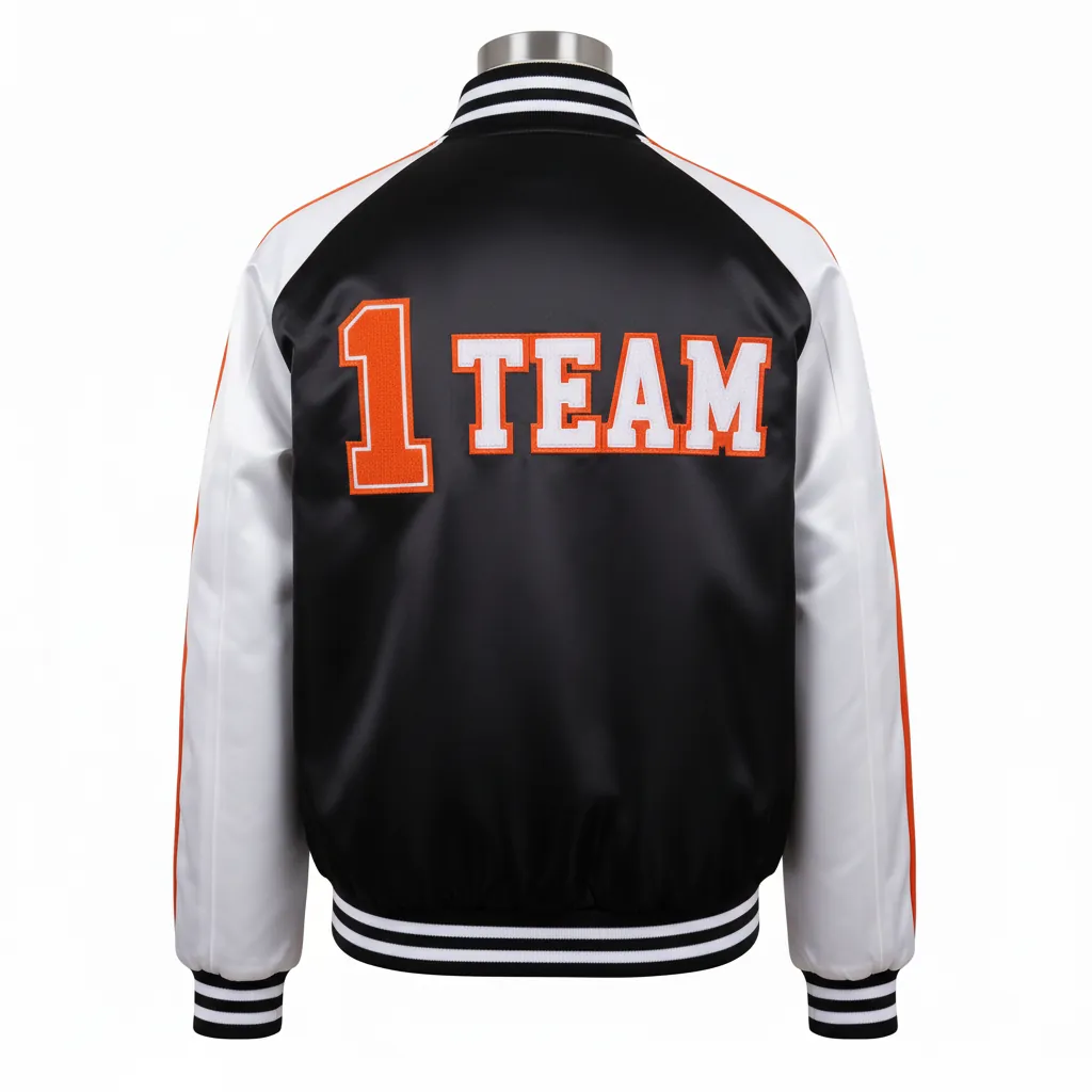 Custom Basketball Satin Bomber Jacket - Black, Orange - Varsity Triple Panel - Back View - Kinexa Sportswear