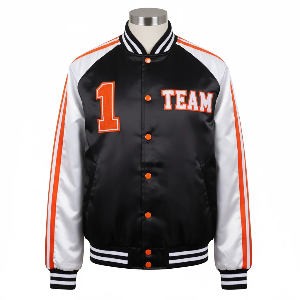 Custom Basketball Satin Bomber Jacket - Black, Orange - Varsity Triple Panel - Front View - Kinexa Sportswear