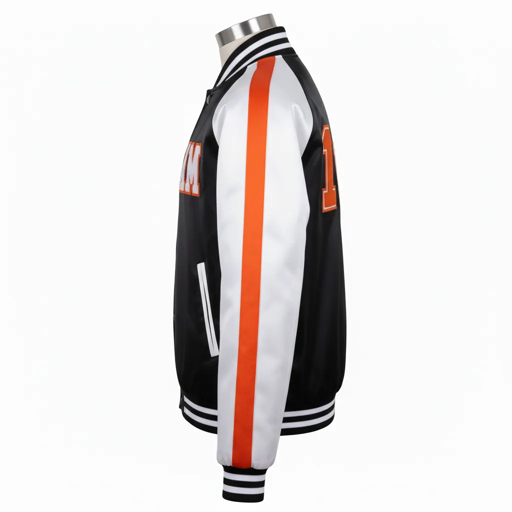 Custom Basketball Satin Bomber Jacket - Black, Orange - Varsity Triple Panel - Side View - Kinexa Sportswear