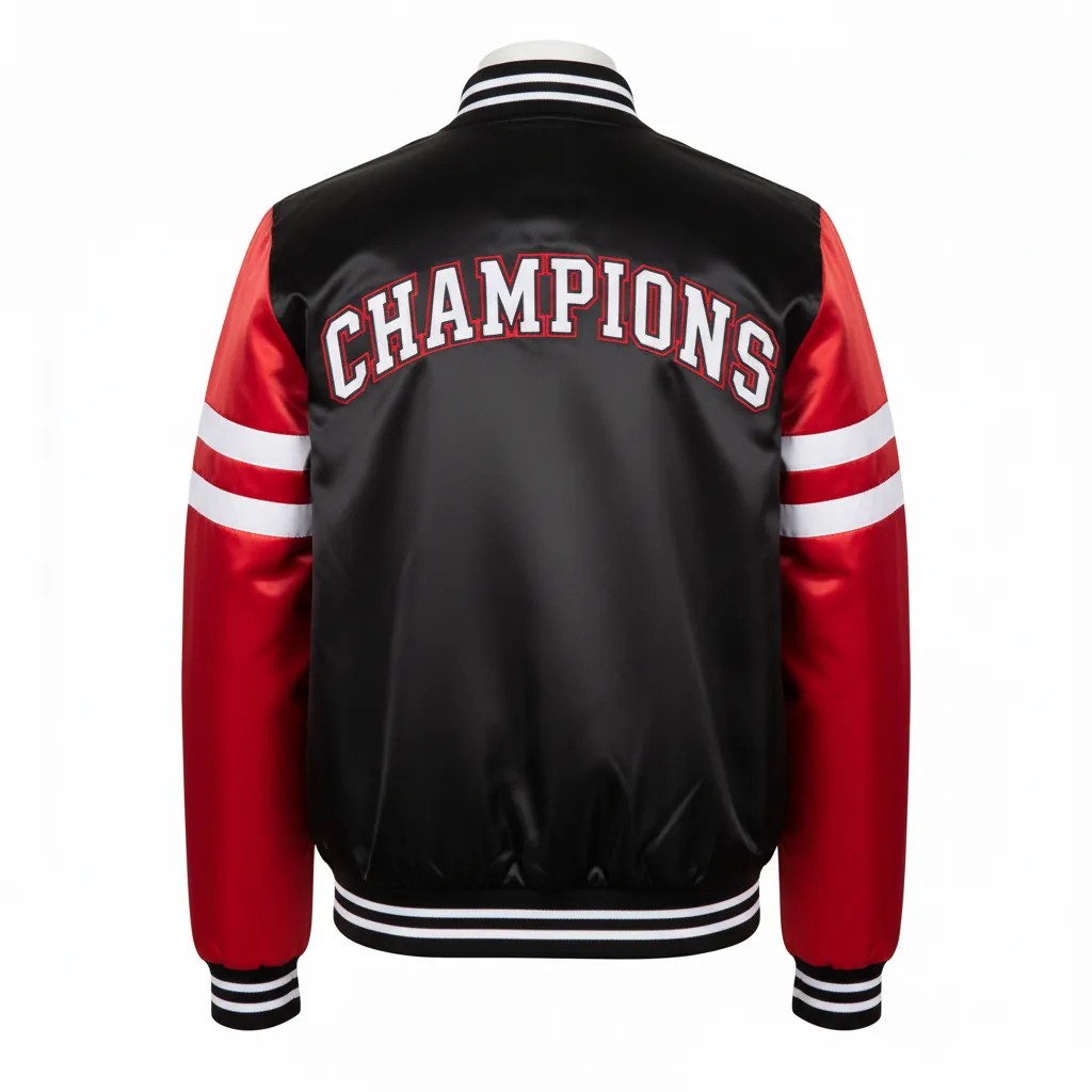 Custom Basketball Satin Bomber Jacket - Black, Red - Varsity Double Stripe - Back View - Kinexa Sportswear