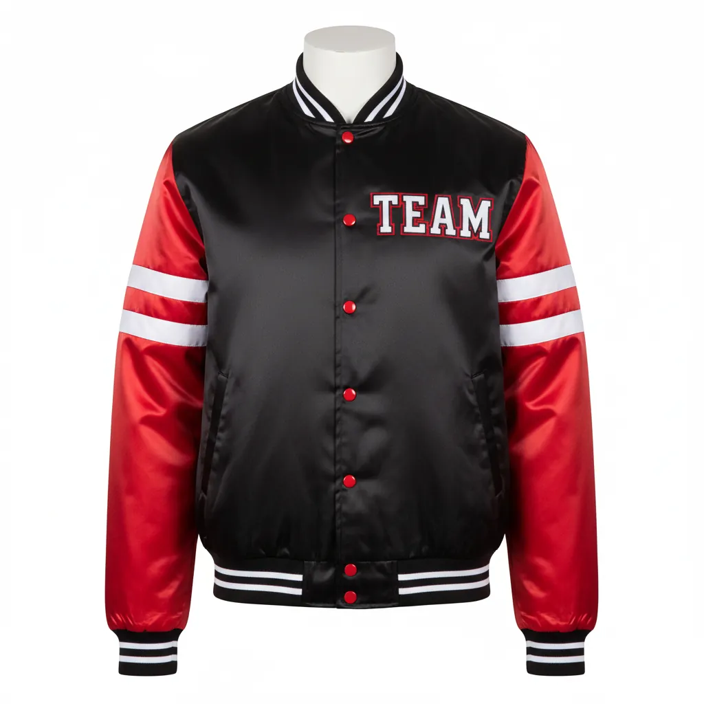 Custom Basketball Satin Bomber Jacket - Black, Red - Varsity Double Stripe - Front View - Kinexa Sportswear