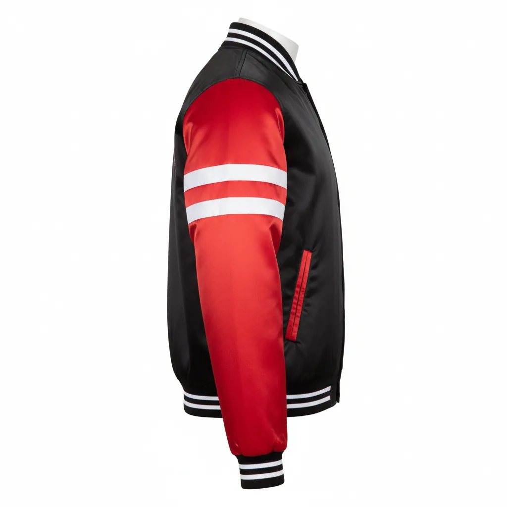 Custom Basketball Satin Bomber Jacket - Black, Red - Varsity Double Stripe - Side View - Kinexa Sportswear