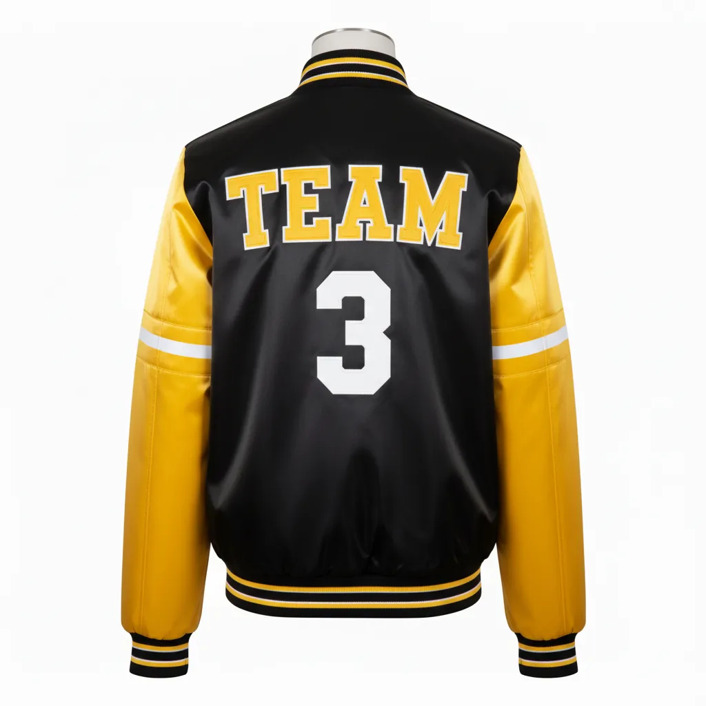 Custom Basketball Satin Bomber Jacket - Black, Yellow - Varsity Tackle Twill - Back View - Kinexa Sportswear