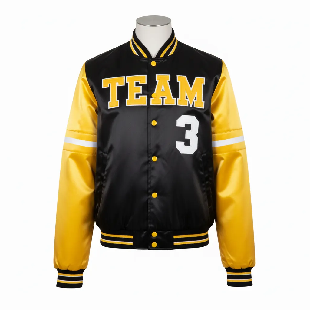 Custom Basketball Satin Bomber Jacket - Black, Yellow - Varsity Tackle Twill - Front View - Kinexa Sportswear