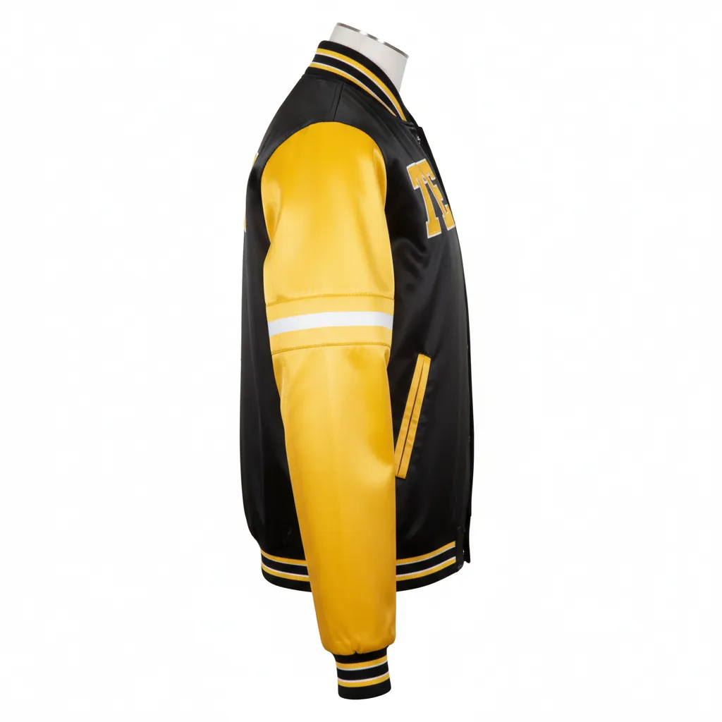 Custom Basketball Satin Bomber Jacket - Black, Yellow - Varsity Tackle Twill - Side View - Kinexa Sportswear