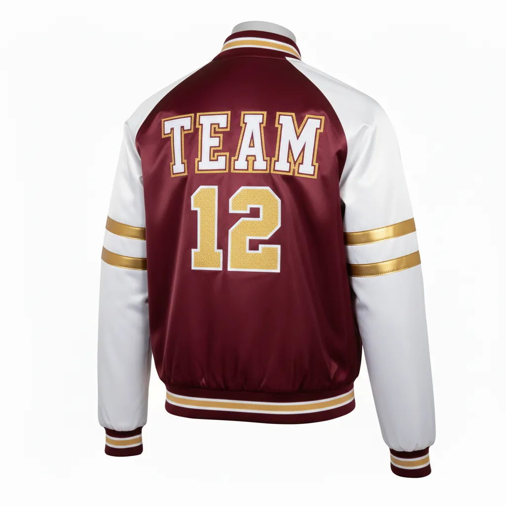 Custom Basketball Satin Bomber Jacket - Burgundy, Gold - Varsity Double Shoulder - Back View - Kinexa Sportswear