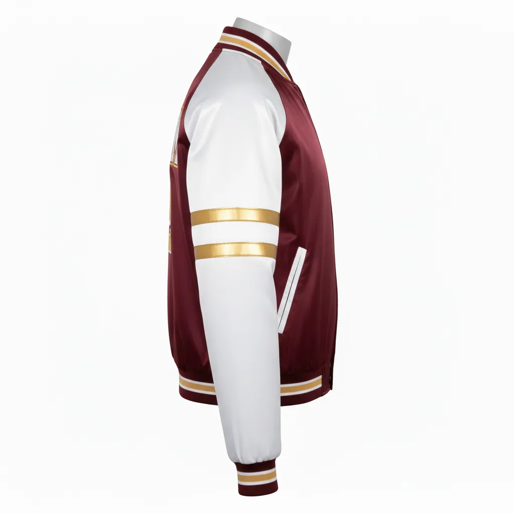 Custom Basketball Satin Bomber Jacket - Burgundy, Gold - Varsity Double Shoulder - Side View - Kinexa Sportswear
