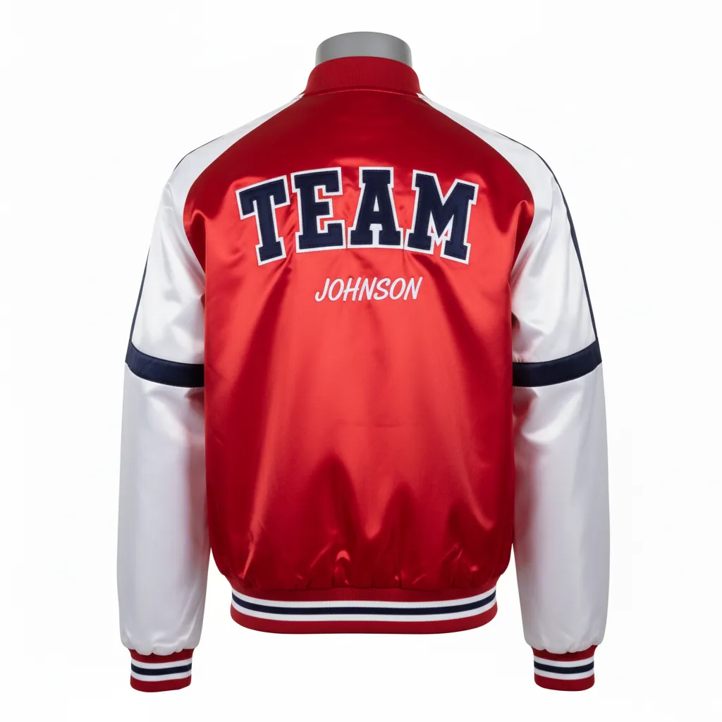 Custom Basketball Satin Bomber Jacket - Red, White - Varsity Cardinal Chenille Embroidery - Back View - Kinexa Sportswear