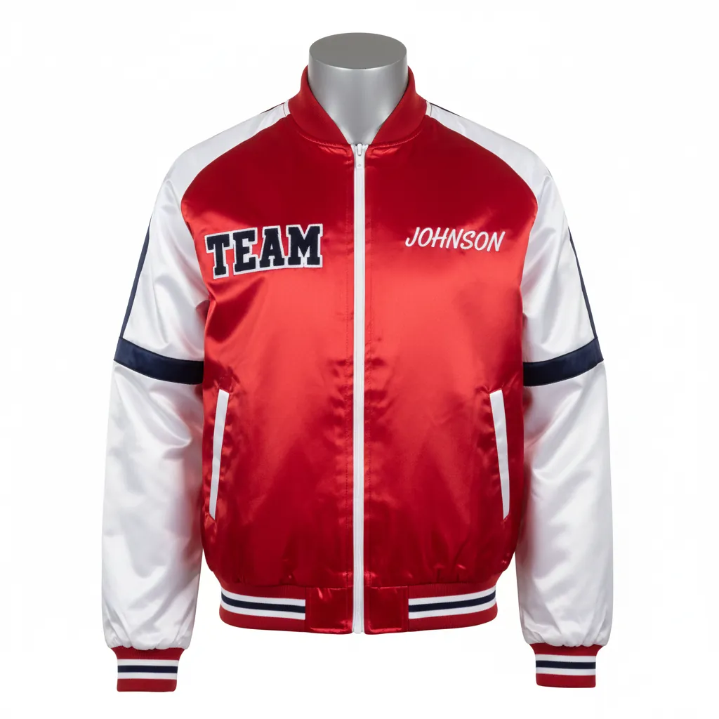 Custom Basketball Satin Bomber Jacket - Red, White - Varsity Cardinal Chenille Embroidery - Front View - Kinexa Sportswear