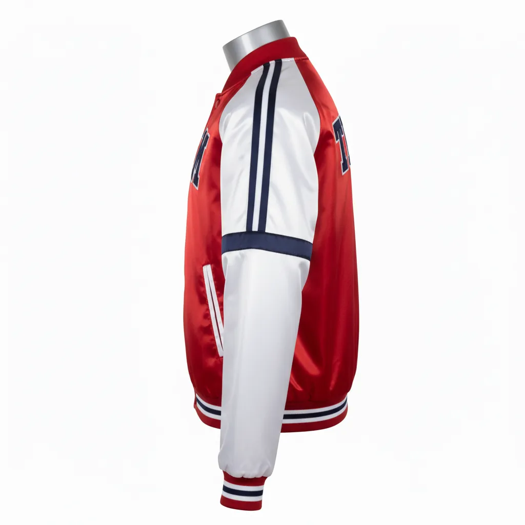 Custom Basketball Satin Bomber Jacket - Red, White - Varsity Cardinal Chenille Embroidery - Side View - Kinexa Sportswear