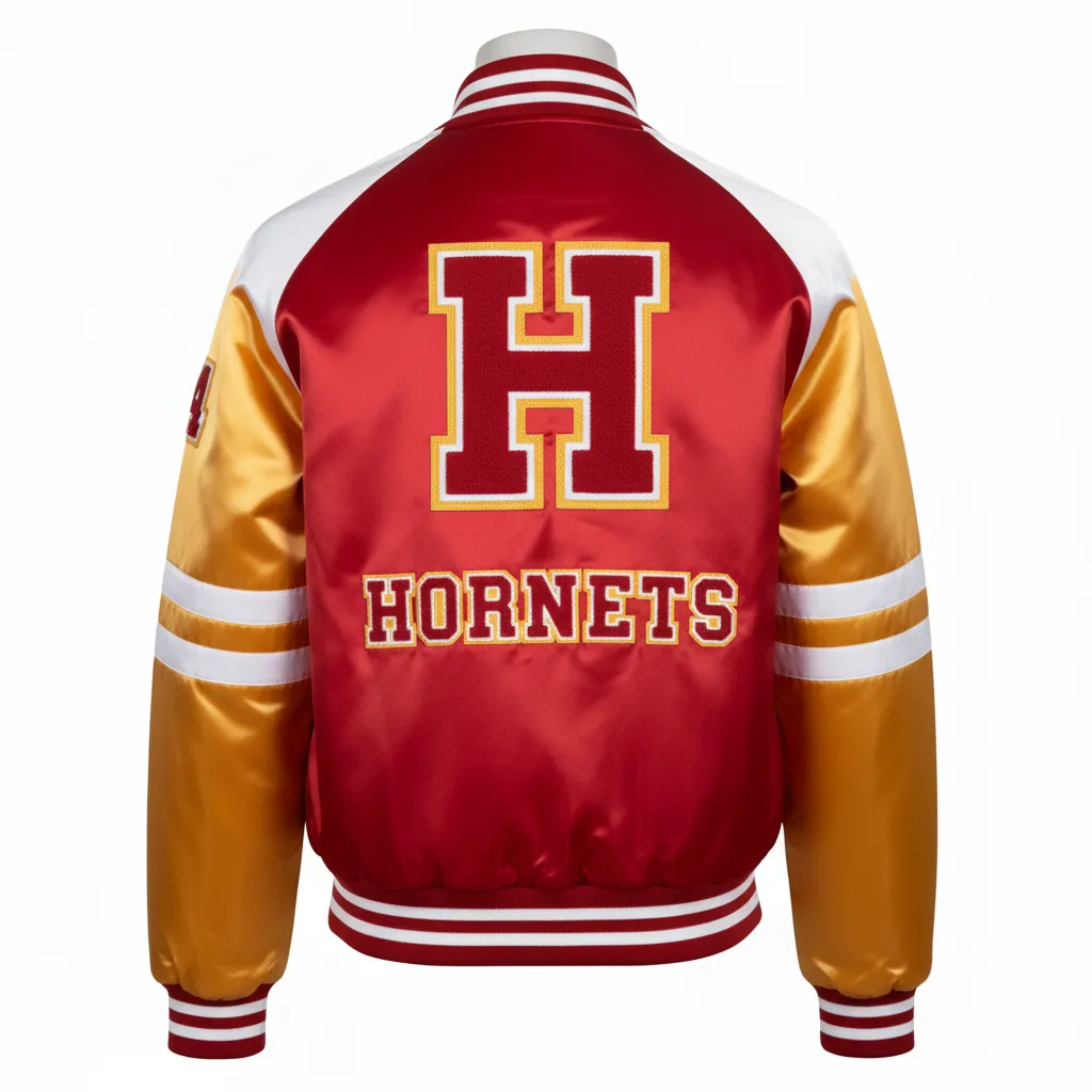 Custom Basketball Satin Bomber Jacket - White - Varsity Cardinal Shoulder Insert - Back View - Kinexa Sportswear