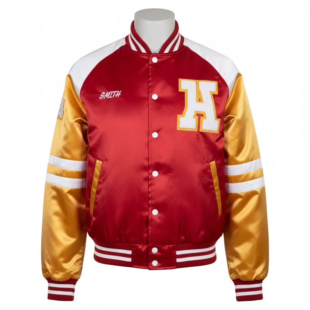 Custom Basketball Satin Bomber Jacket - White - Varsity Cardinal Shoulder Insert - Front View - Kinexa Sportswear