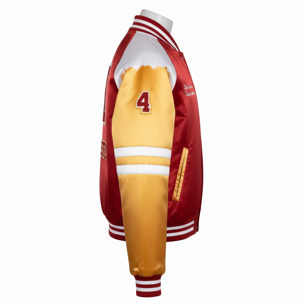 Custom Basketball Satin Bomber Jacket - White - Varsity Cardinal Shoulder Insert - Side View - Kinexa Sportswear
