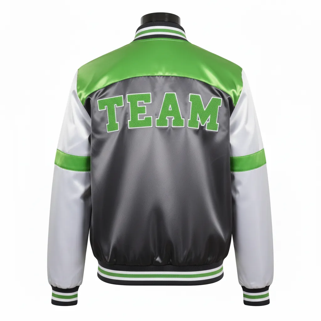 Custom Basketball Satin Bomber Jacket - Custom Design - Varsity Charcoal Lime Asymmetric - Back View - Kinexa Sportswear