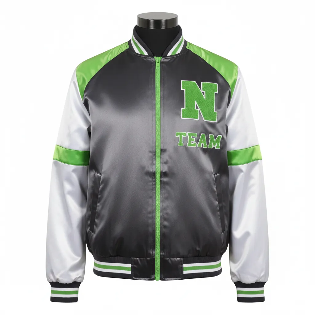Custom Basketball Satin Bomber Jacket - Custom Design - Varsity Charcoal Lime Asymmetric - Front View - Kinexa Sportswear