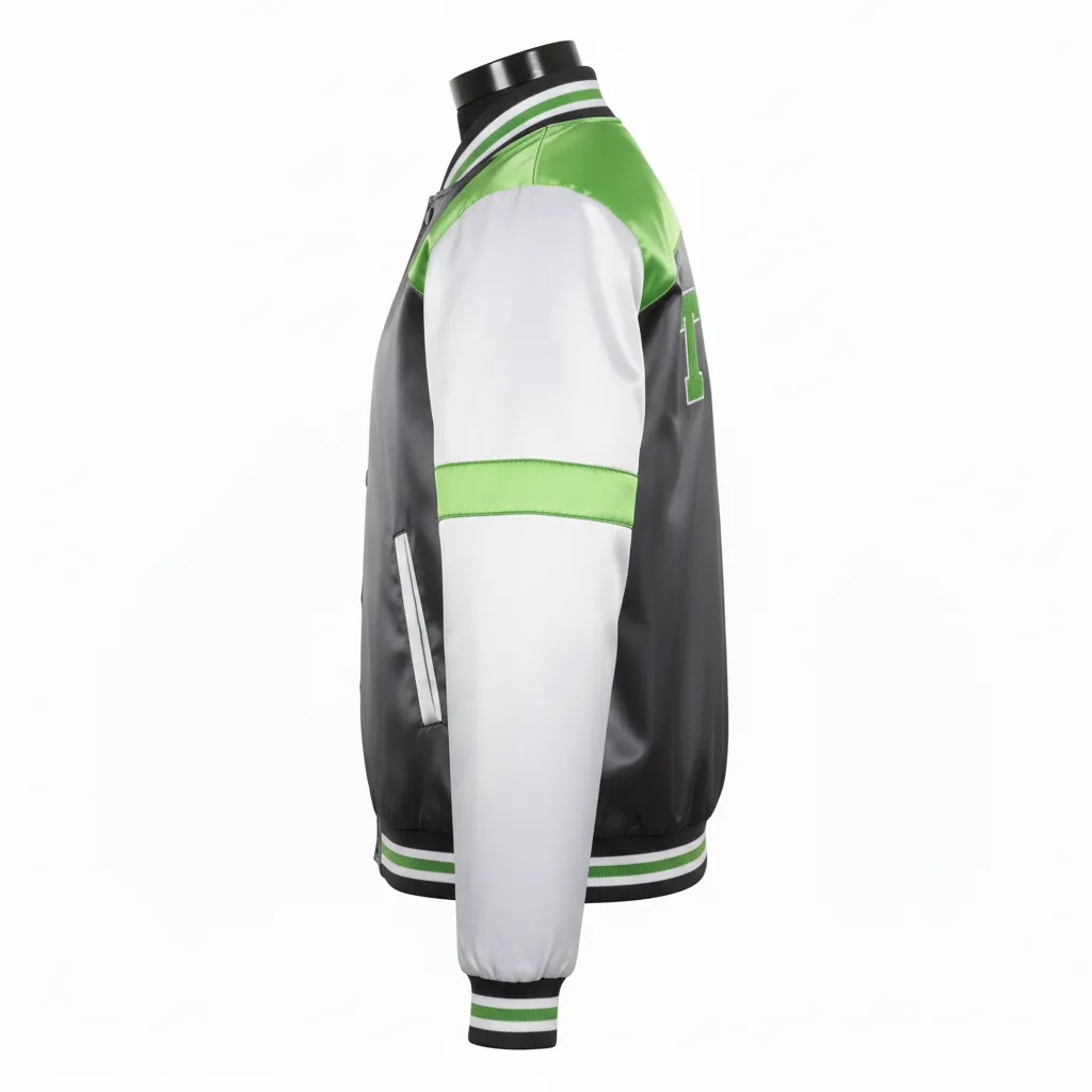 Custom Basketball Satin Bomber Jacket - Custom Design - Varsity Charcoal Lime Asymmetric - Side View - Kinexa Sportswear