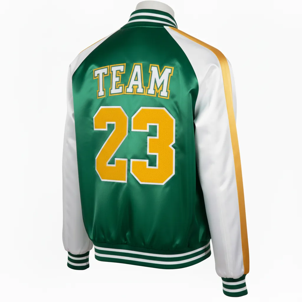 Custom Basketball Satin Bomber Jacket - White - Varsity Charcoal Embroidered - Back View - Kinexa Sportswear