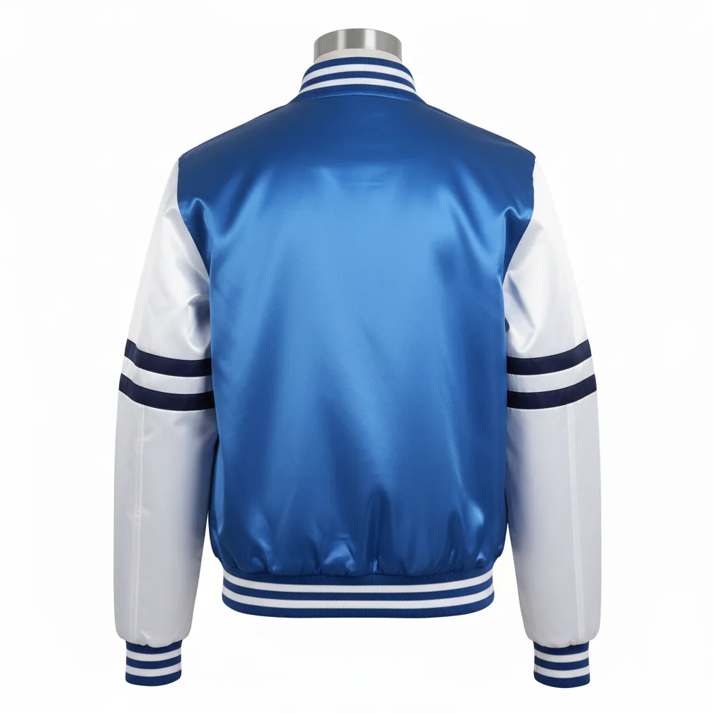 Custom Basketball Satin Bomber Jacket - Blue, White - Varsity Columbia Chenille Year - Back View - Kinexa Sportswear