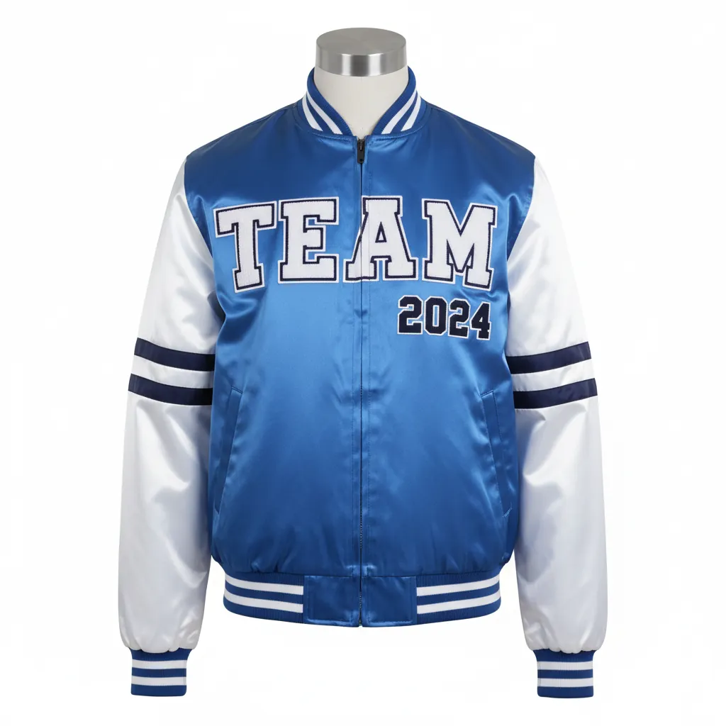 Custom Basketball Satin Bomber Jacket - Blue, White - Varsity Columbia Chenille Year - Front View - Kinexa Sportswear