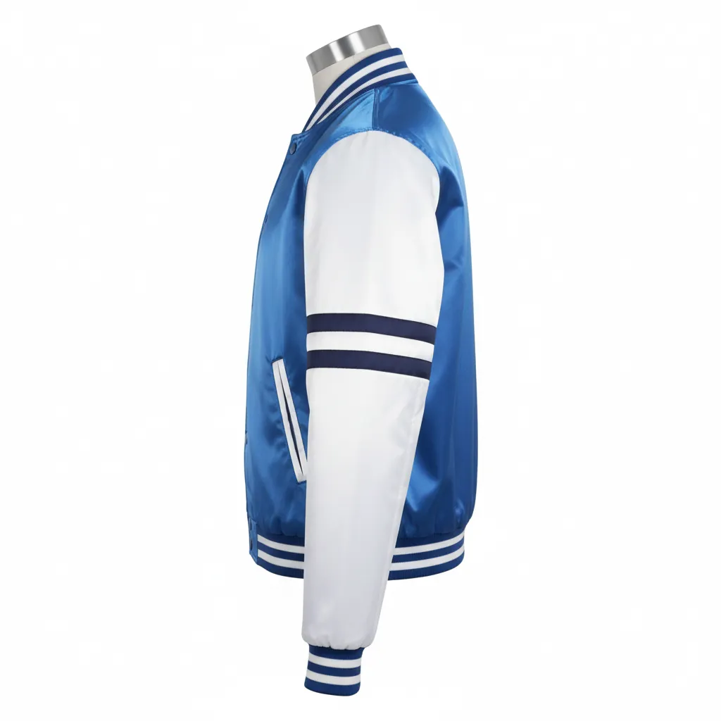Custom Basketball Satin Bomber Jacket - Blue, White - Varsity Columbia Chenille Year - Side View - Kinexa Sportswear