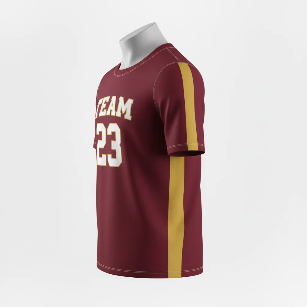 Custom Basketball Short Sleeve Practice T Shirt - Burgundy, Gold - Side Stripe - Front View - Kinexa Sportswear
