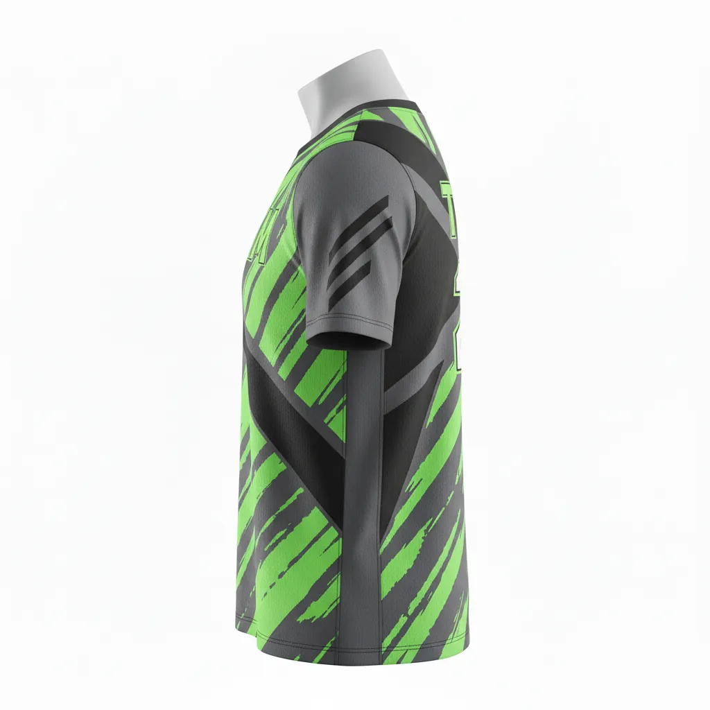 Custom Basketball Short Sleeve Practice T Shirt - Green - Charcoal Neon Abstract - Side View - Kinexa Sportswear