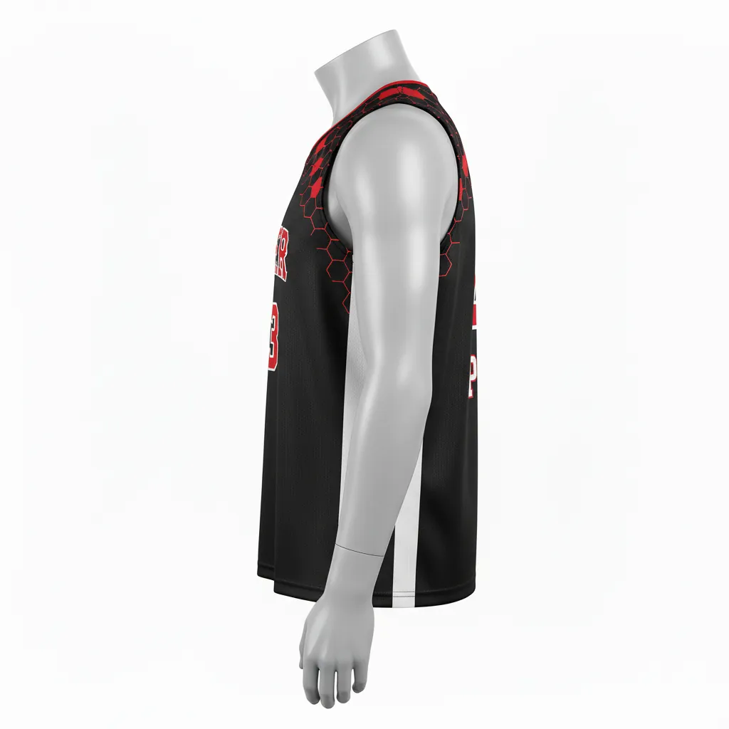 Custom Basketball Sleeveless Training Shirt - Black, Red, White - Shoulder Pattern - Side View - Kinexa Sportswear