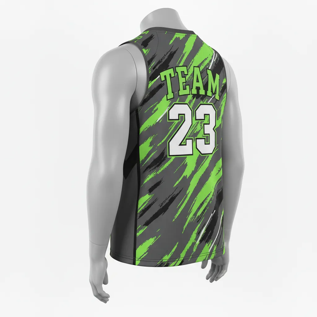 Custom Basketball Sleeveless Training Shirt - Green - Charcoal Neon Abstract - Back View - Kinexa Sportswear