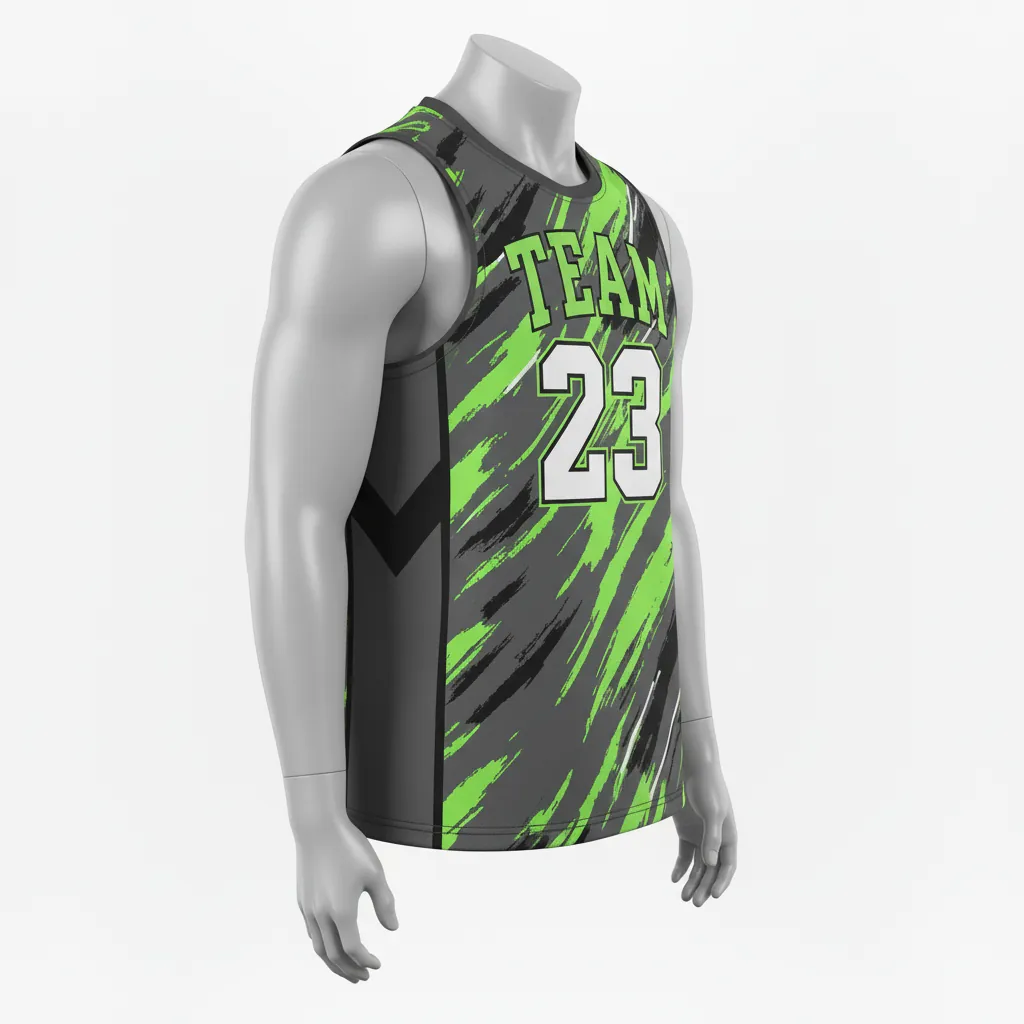 Custom Basketball Sleeveless Training Shirt - Green - Charcoal Neon Abstract - Side View - Kinexa Sportswear