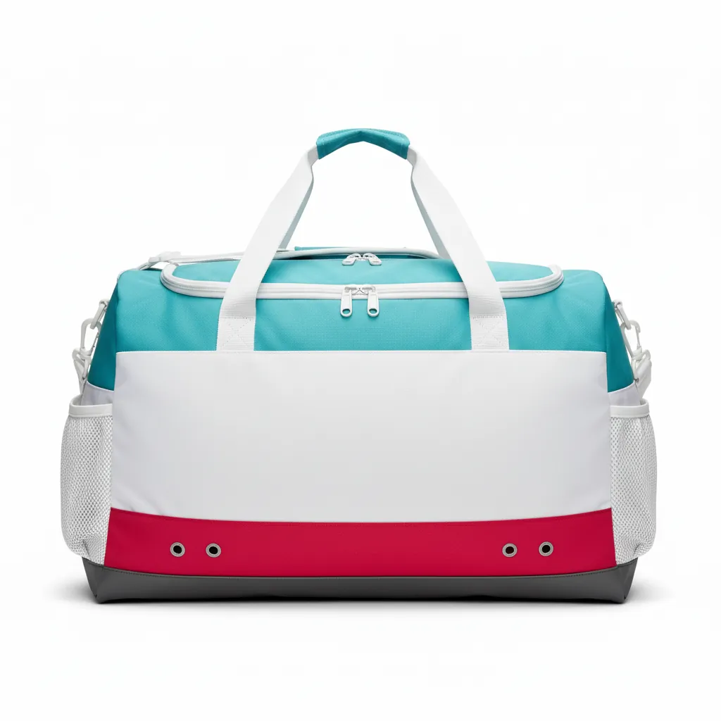 Custom Basketball Team Duffle Bag - White - Aqua Crimson Color Block - Back View - Kinexa Sportswear