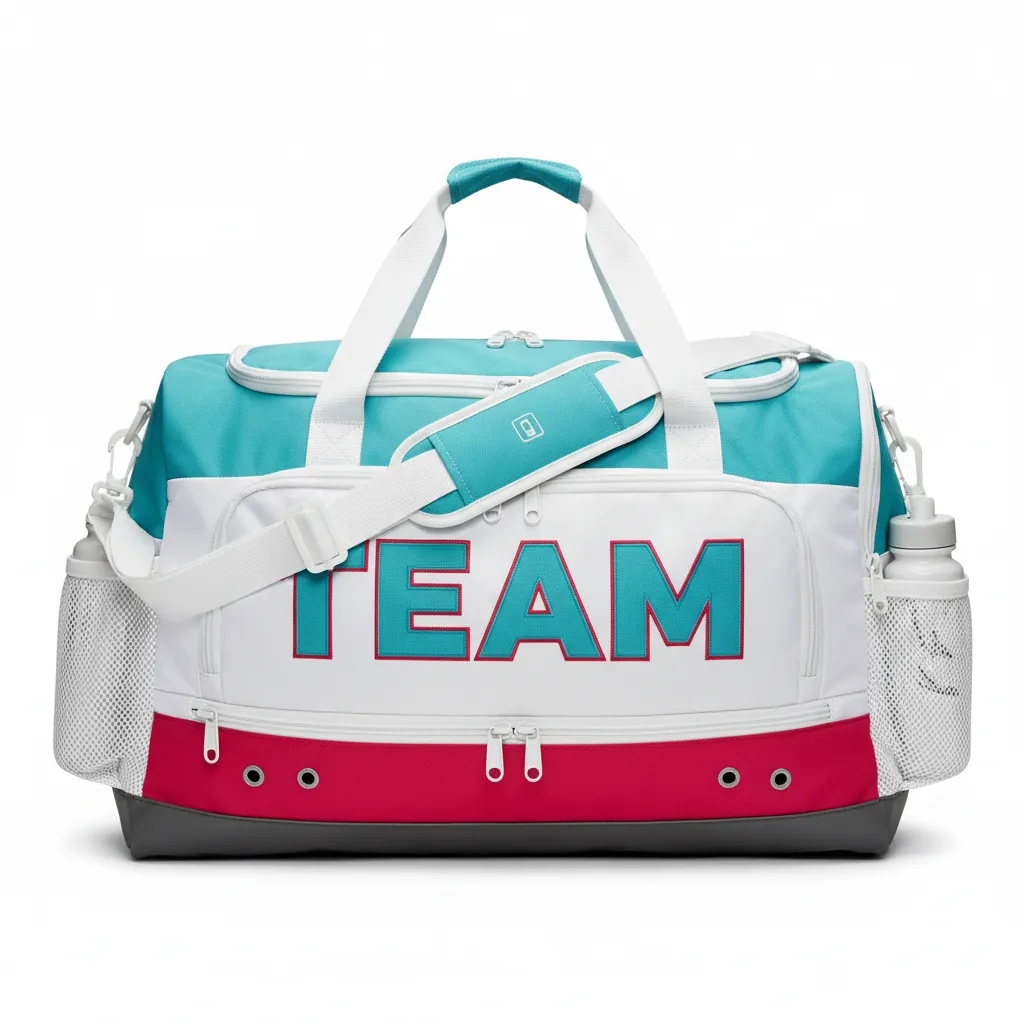 Custom Basketball Team Duffle Bag - White - Aqua Crimson Color Block - Front View - Kinexa Sportswear