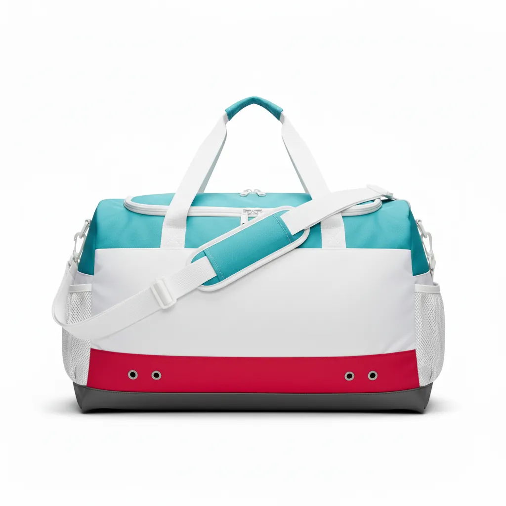 Custom Basketball Team Duffle Bag - White - Aqua Crimson Color Block - Side View - Kinexa Sportswear