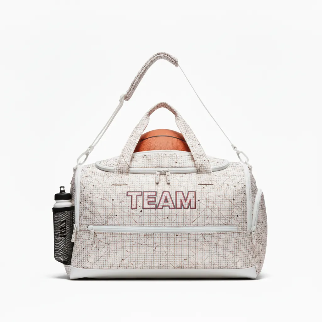 Custom Basketball Team Duffle Bag - White - Berry Graphite Curved Flow - Front View - Kinexa Sportswear