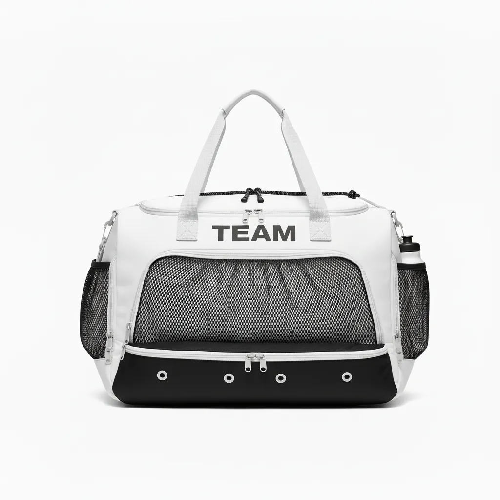 Custom Basketball Team Duffle Bag - White, Black, White - Bottom Block - Front View - Kinexa Sportswear