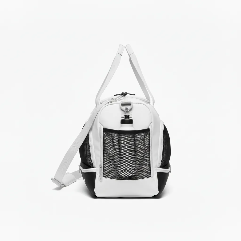 Custom Basketball Team Duffle Bag - White, Black, White - Bottom Block - Side View - Kinexa Sportswear