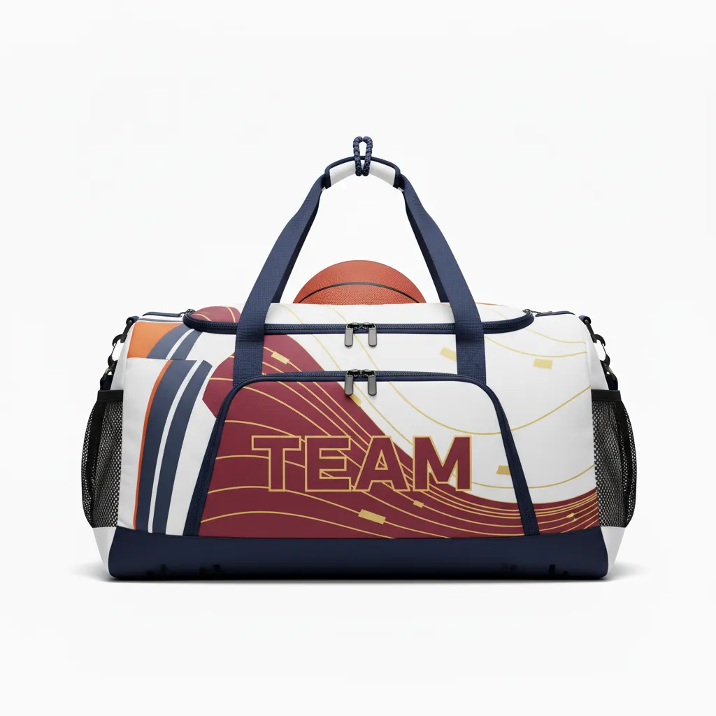 Custom Basketball Team Duffle Bag - White, Burgundy, Gold - Wave Pattern - Front View - Kinexa Sportswear