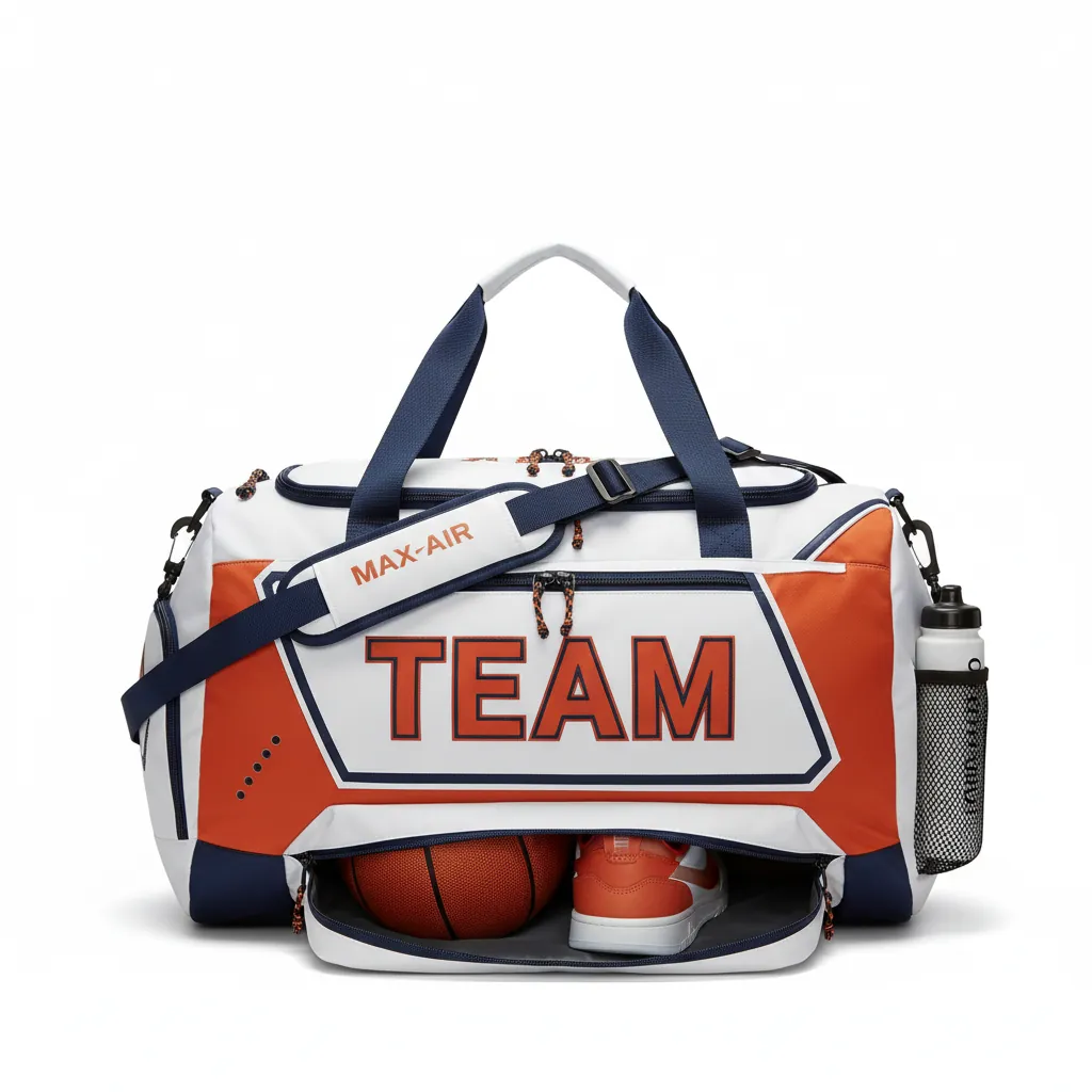 Custom Basketball Team Duffle Bag - White, Burnt, Orange... - Angular Panel - Front View - Kinexa Sportswear
